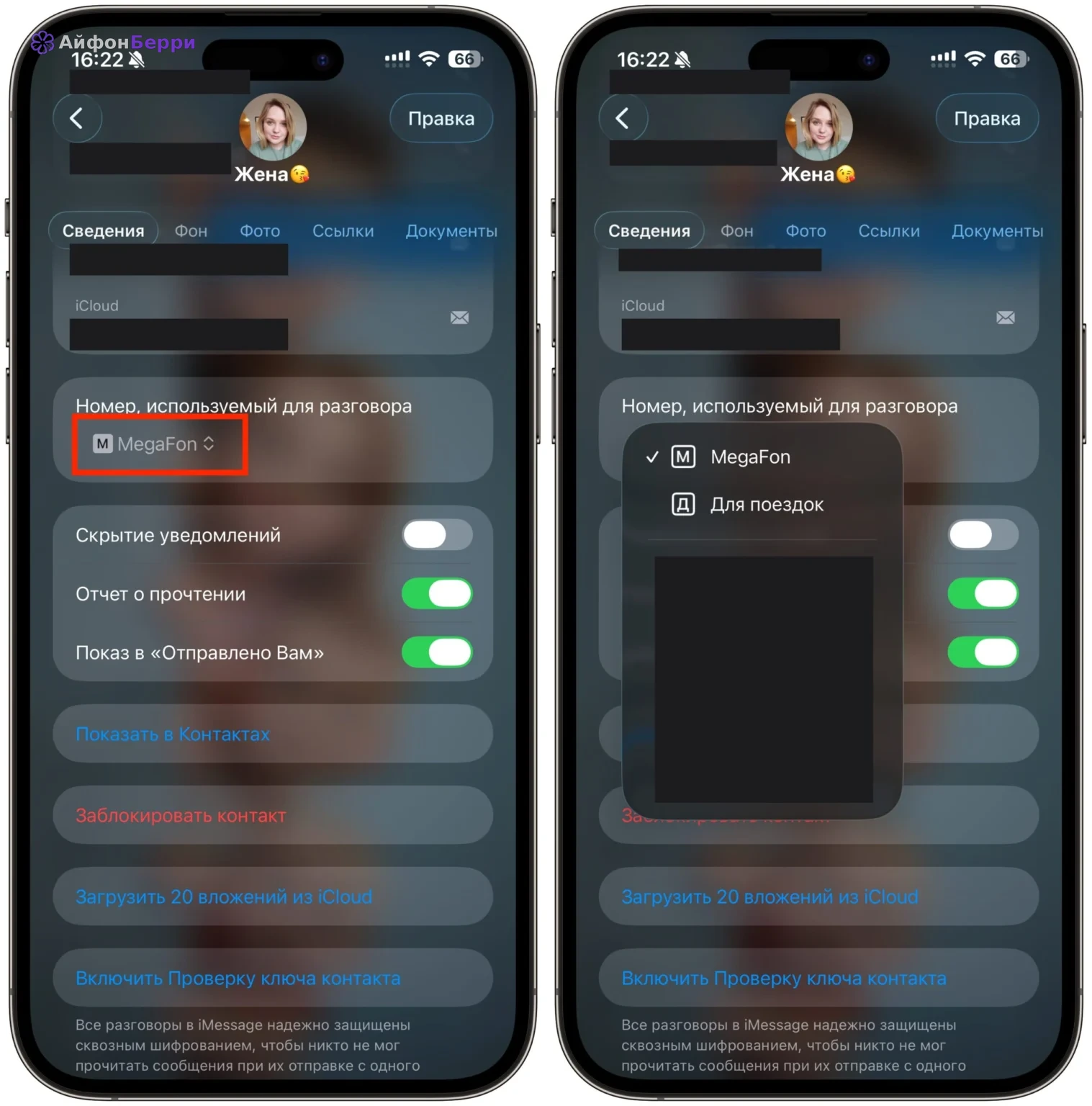 выбор номера SIM для переписки в приложении «Сообщения» на iPhone.