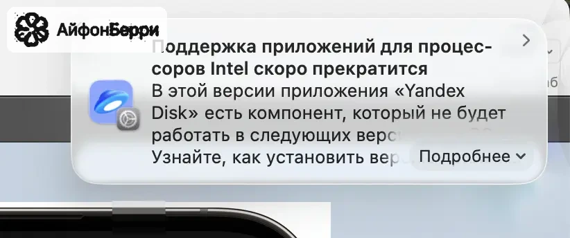 Предупреждение macOS о приложениях Intel означает, что программе может потребоваться обновление под Apple Silicon.