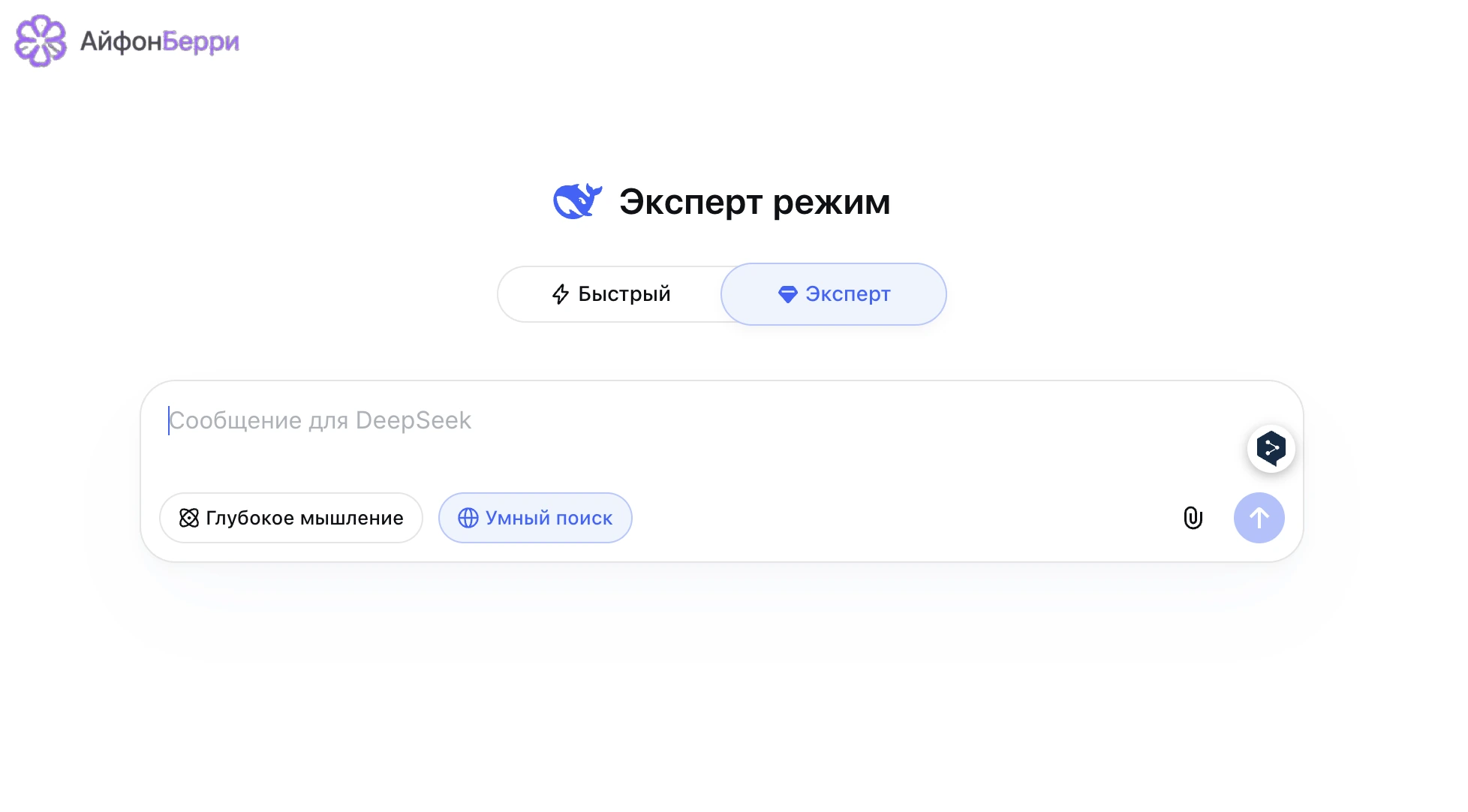 Веб-интерфейс DeepSeek с выбором режима для быстрых ответов и экспертных задач.